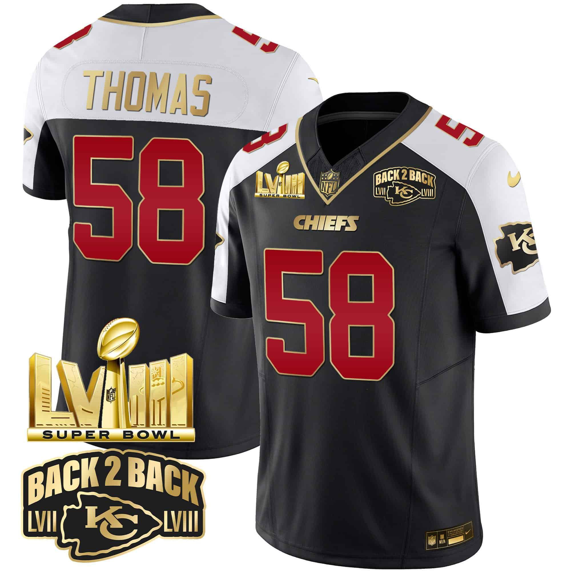 Men Kansas City Chiefs #58 Thomas Black 2024 Nike Super Bowl LVIII & Back-2-Back Gold Patch Vapor NFL Jersey